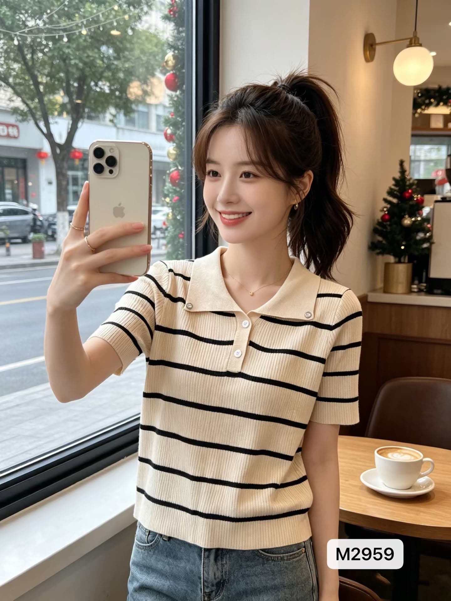 정가 프랑스식 고급 센스 폴로 칼라 단추 하프 열린 가슴 스트라이프 풀오버 반팔