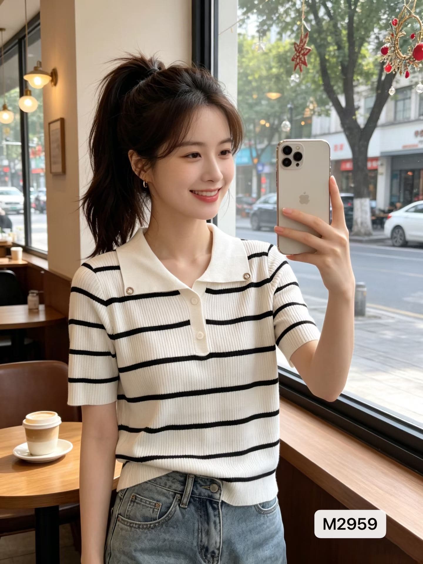 정가 프랑스식 고급 센스 폴로 칼라 단추 하프 열린 가슴 스트라이프 풀오버 반팔 상세 이미지 2