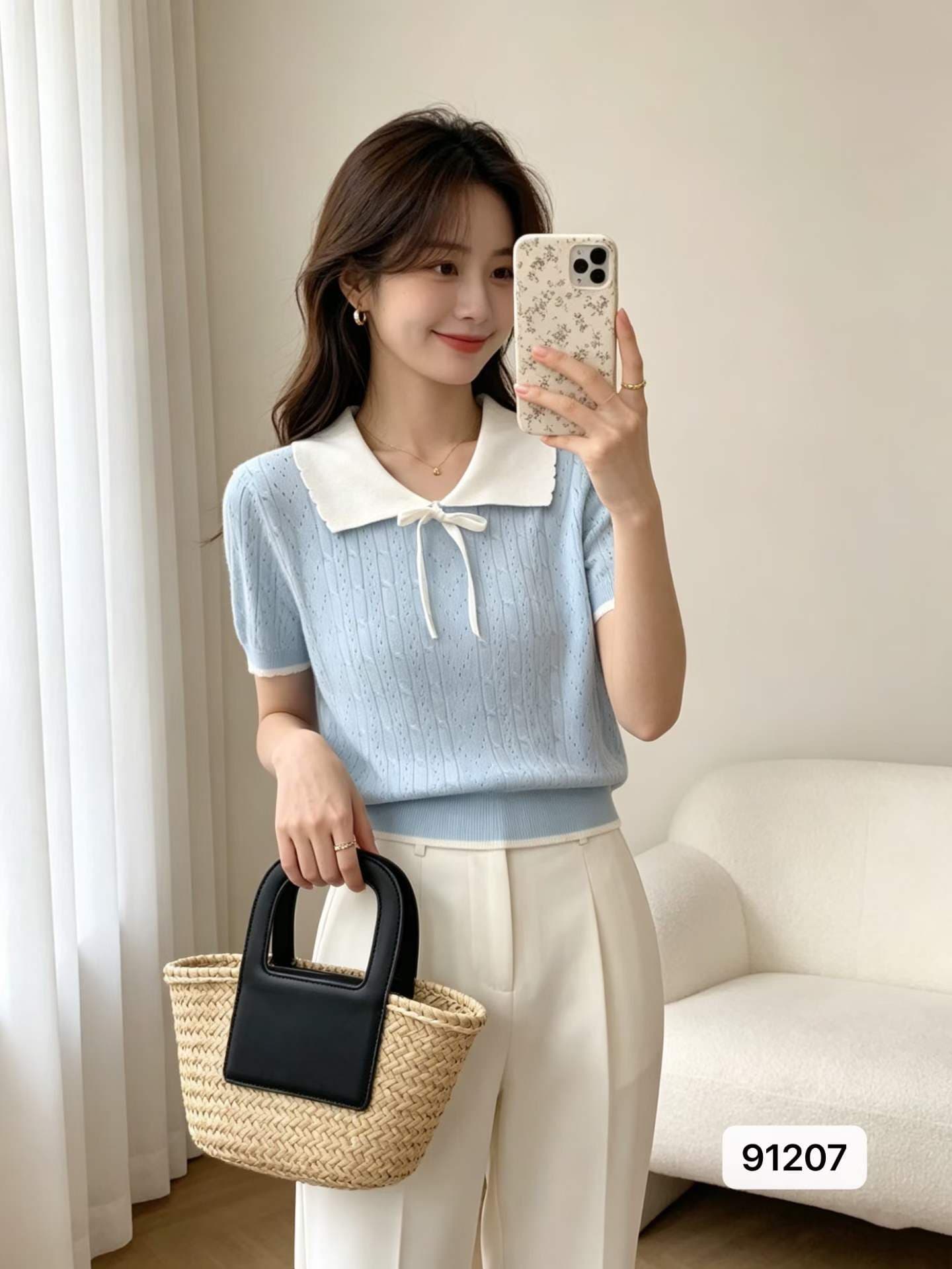 정가 달콤함 연령 감소 폴로 칼라 패치워크 나비 매듭 홀로우 아웃 니트 풀오버 반팔 이미지 2
