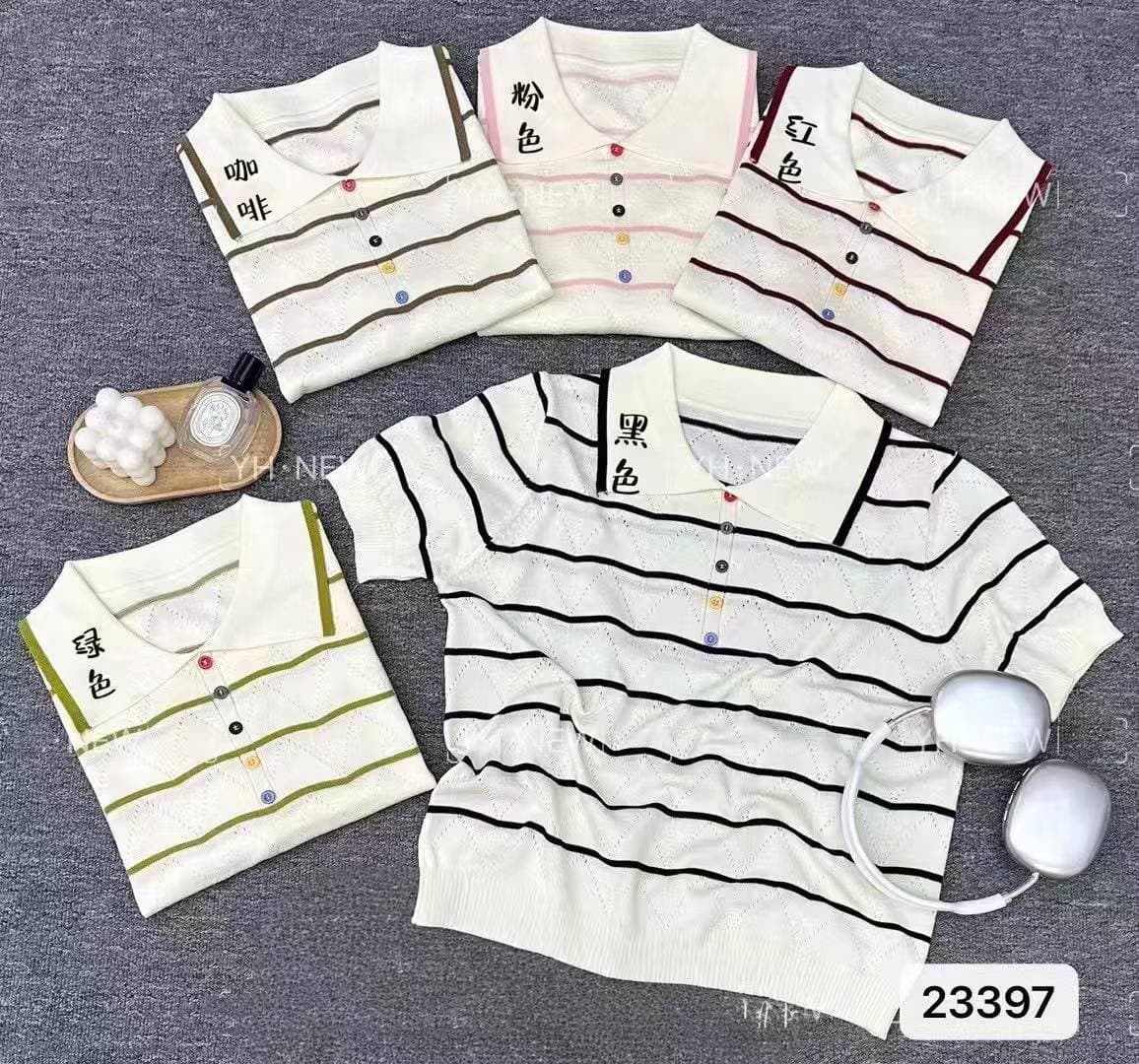 정가 패션 POLO 칼라 색상 단추 물결무늬 홀로우 아웃 니트 스트라이프 풀오버 반팔 이미지 3