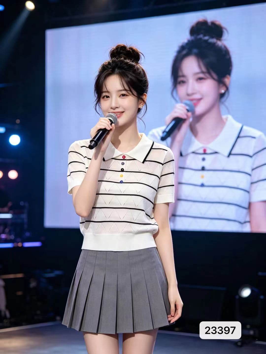 정가 패션 POLO 칼라 색상 단추 물결무늬 홀로우 아웃 니트 스트라이프 풀오버 반팔 상세 이미지 3