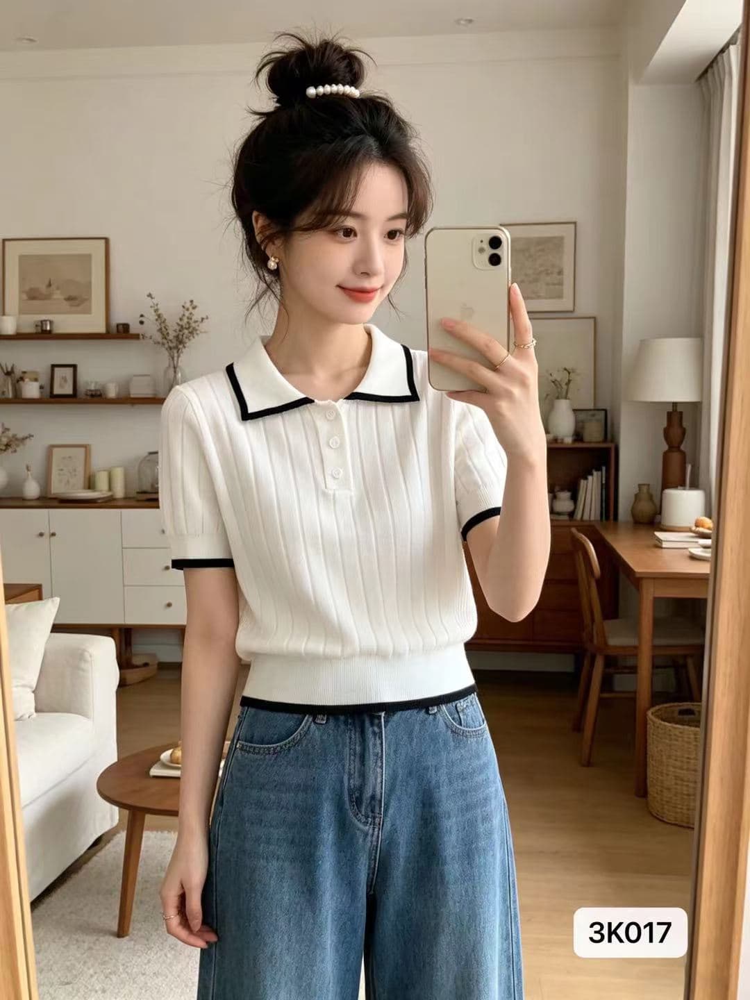 정가 한 부서 폴로 칼라 하프 열린 가슴 패치워크 색상 구덩이 기사 슬림해 보이는 풀오버 반팔 상세 이미지 1