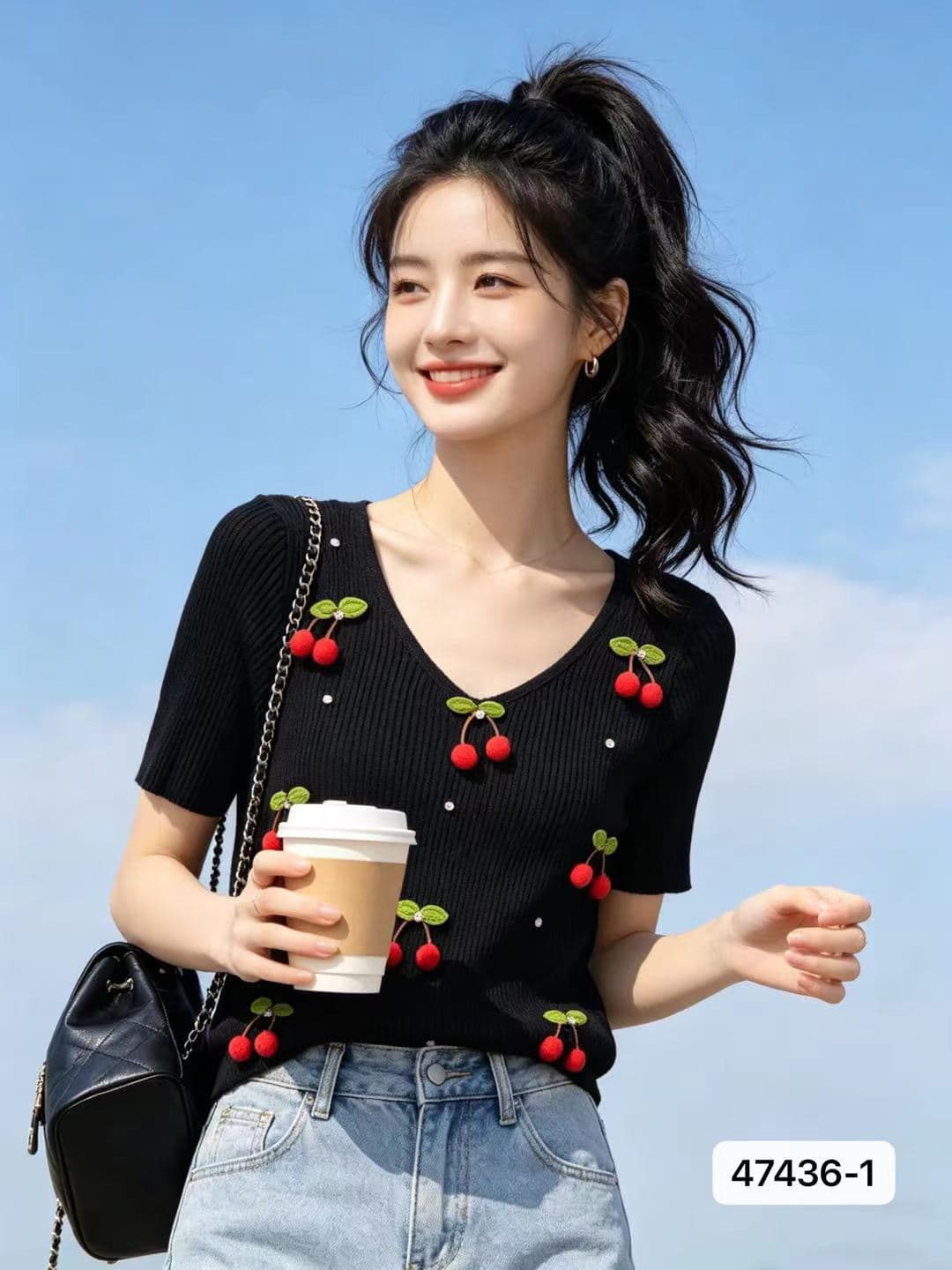 정가 분위기 센스 V넥 3 차원 체리 비즈 박기 니트 풀오버 반팔 상세 이미지 2