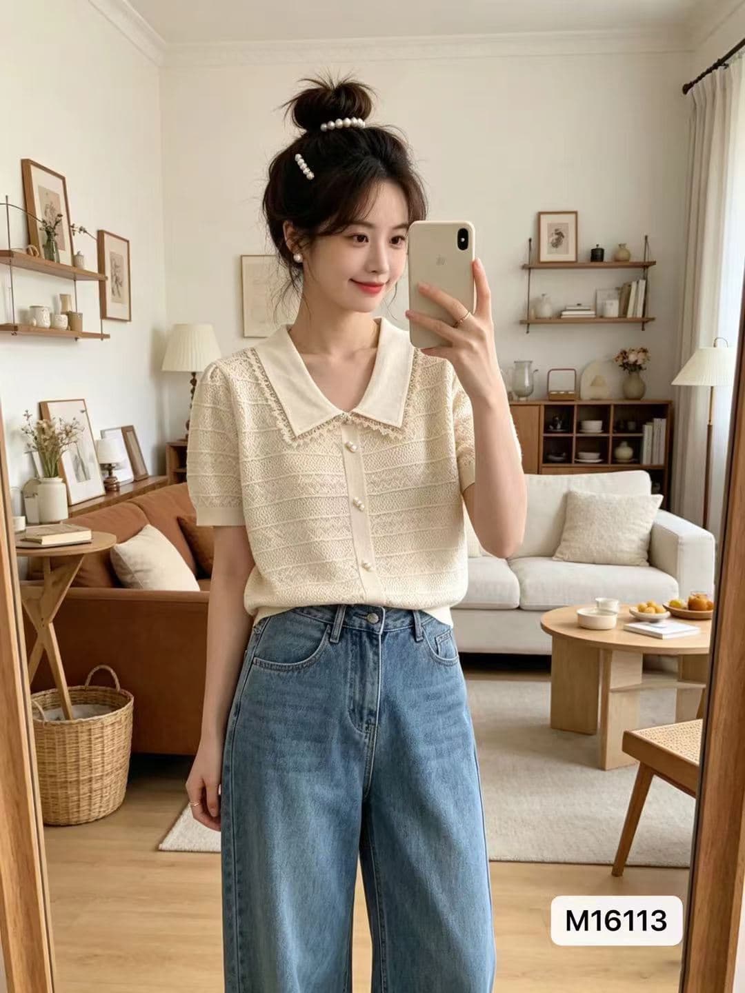 정가 한 부서 고유 한 폴로 칼라 레이스 비즈 박기 홀로우 아웃 니트 다용도 풀오버 반팔 상세 이미지 1