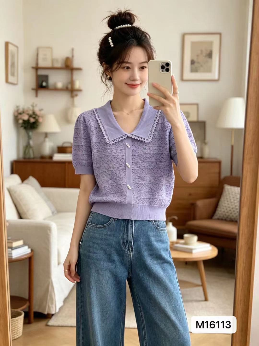 정가 한 부서 고유 한 폴로 칼라 레이스 비즈 박기 홀로우 아웃 니트 다용도 풀오버 반팔 상세 이미지 2