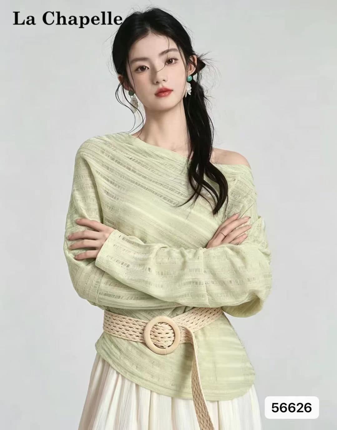 정가 디자인 센스 비스듬한 어깨 벨트 불규칙 밑단 루즈핏 풀오버 긴팔