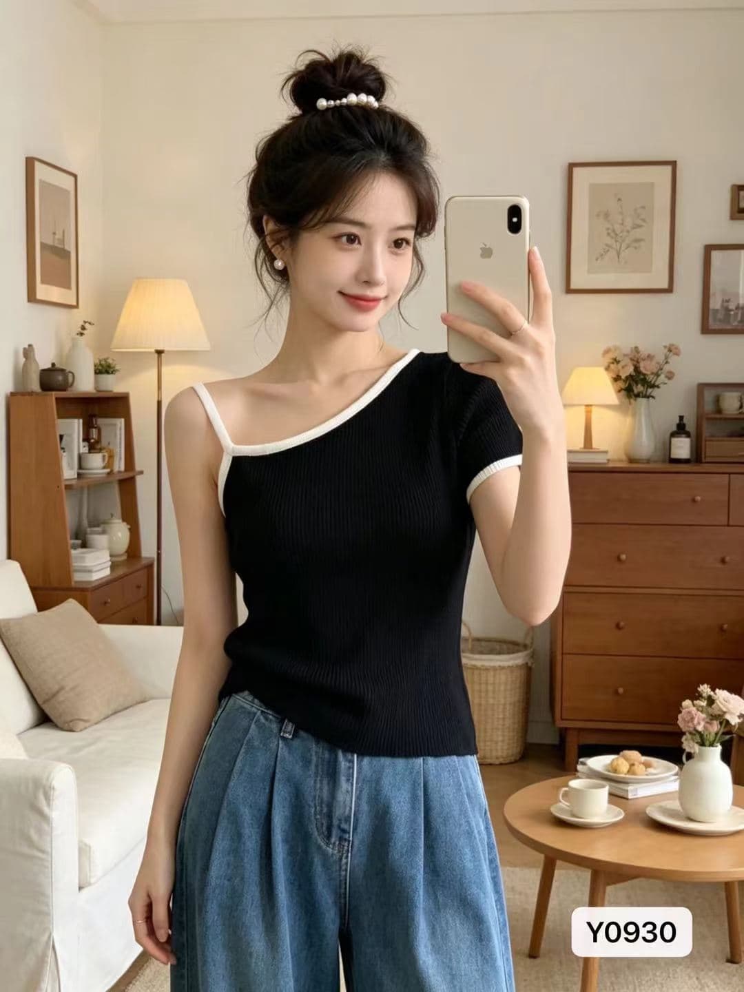 정가 핫걸 섹시함 비스듬한 어깨 패치워크 색상 디자인 단색 풀오버 반팔 이미지 2