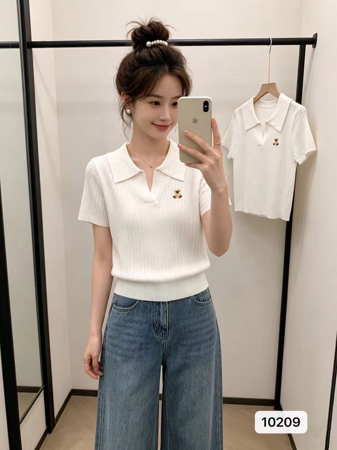 정가 일상 출퇴근 폴로 칼라 작은 곰 자수 수직 구덩이 기사 니트 풀오버 반팔