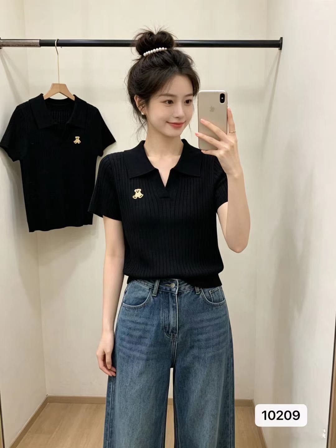 정가 일상 출퇴근 폴로 칼라 작은 곰 자수 수직 구덩이 기사 니트 풀오버 반팔 이미지 3