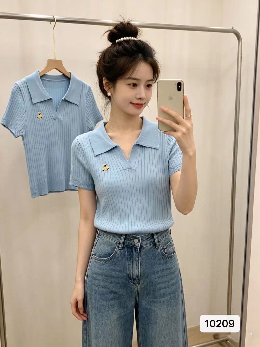 정가 일상 출퇴근 폴로 칼라 작은 곰 자수 수직 구덩이 기사 니트 풀오버 반팔 상세 이미지 4