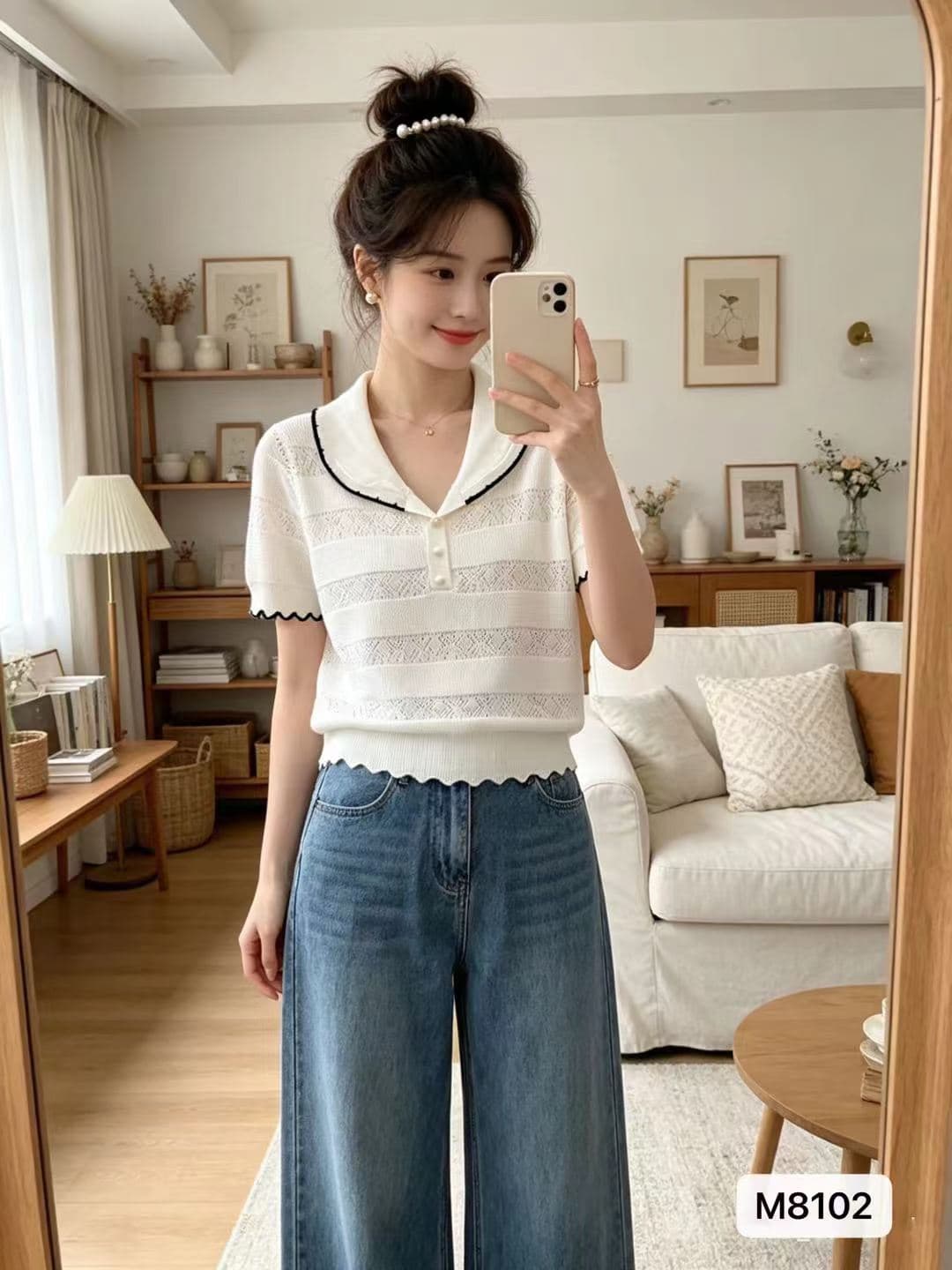 정가 달콤함 연령 감소 베이비 칼라 홀로우 아웃 링 그리드 자카드 물결무늬 레이스 풀오버 반팔