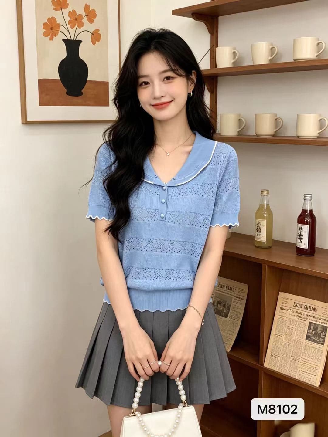 정가 달콤함 연령 감소 베이비 칼라 홀로우 아웃 링 그리드 자카드 물결무늬 레이스 풀오버 반팔 상세 이미지 2