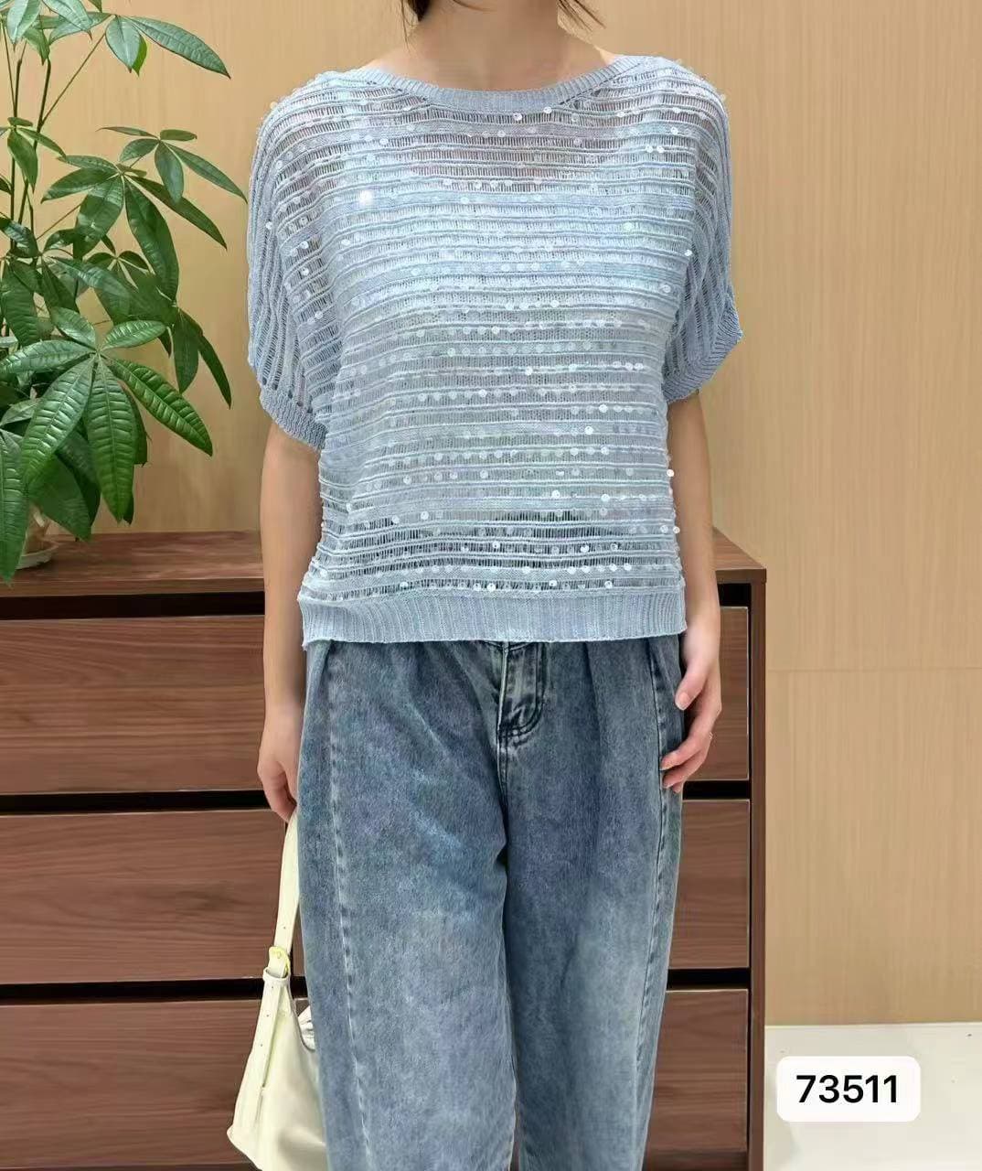 정가 분위기 센스 가로 홀로우 아웃 스트라이프 스팽글 꾸밈음 풀오버 반팔 상세 이미지 2