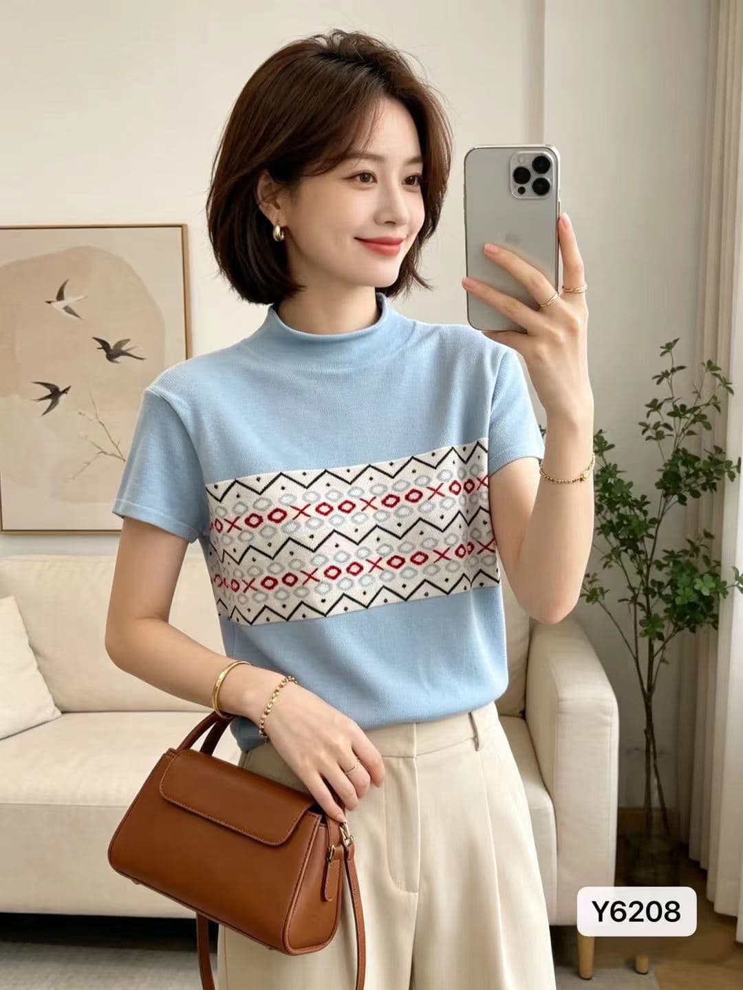 정가 한 부서 라운드 넥 공정한 섬 기하학 자카드 니트 풀오버 반팔 이미지 2