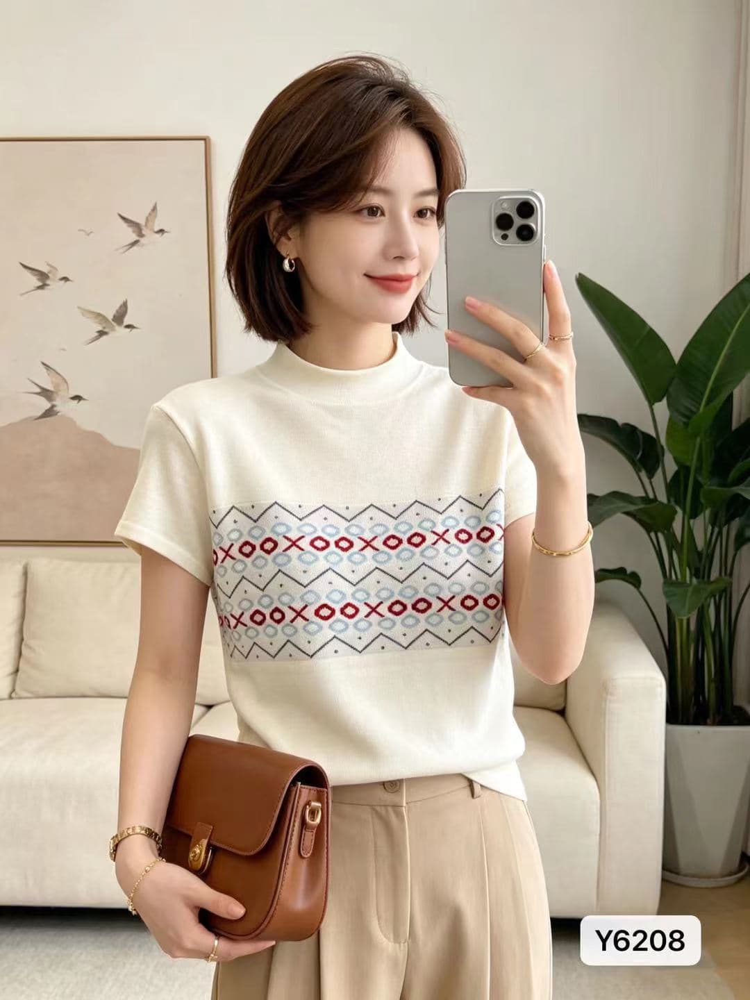 정가 한 부서 라운드 넥 공정한 섬 기하학 자카드 니트 풀오버 반팔 상세 이미지 1