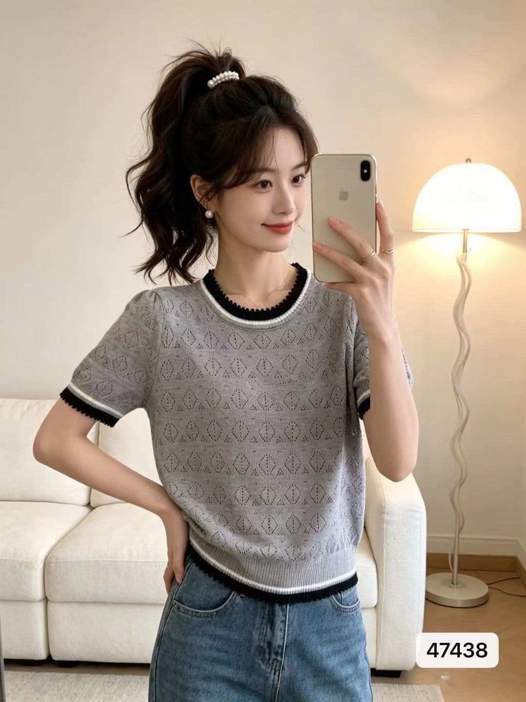정가 패션 라운드 넥 다이아몬드 모양 홀로우 아웃 니트 배색 측면 풀오버 반팔