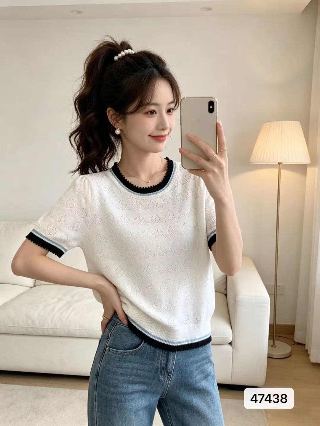 정가 패션 라운드 넥 다이아몬드 모양 홀로우 아웃 니트 배색 측면 풀오버 반팔 상세 이미지 1