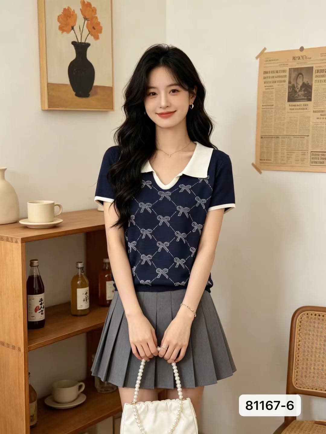 정가 한 부서 배색 뒤집다 V넥 나비 매듭 핫픽스 질감 니트 풀오버 반팔 상세 이미지 3