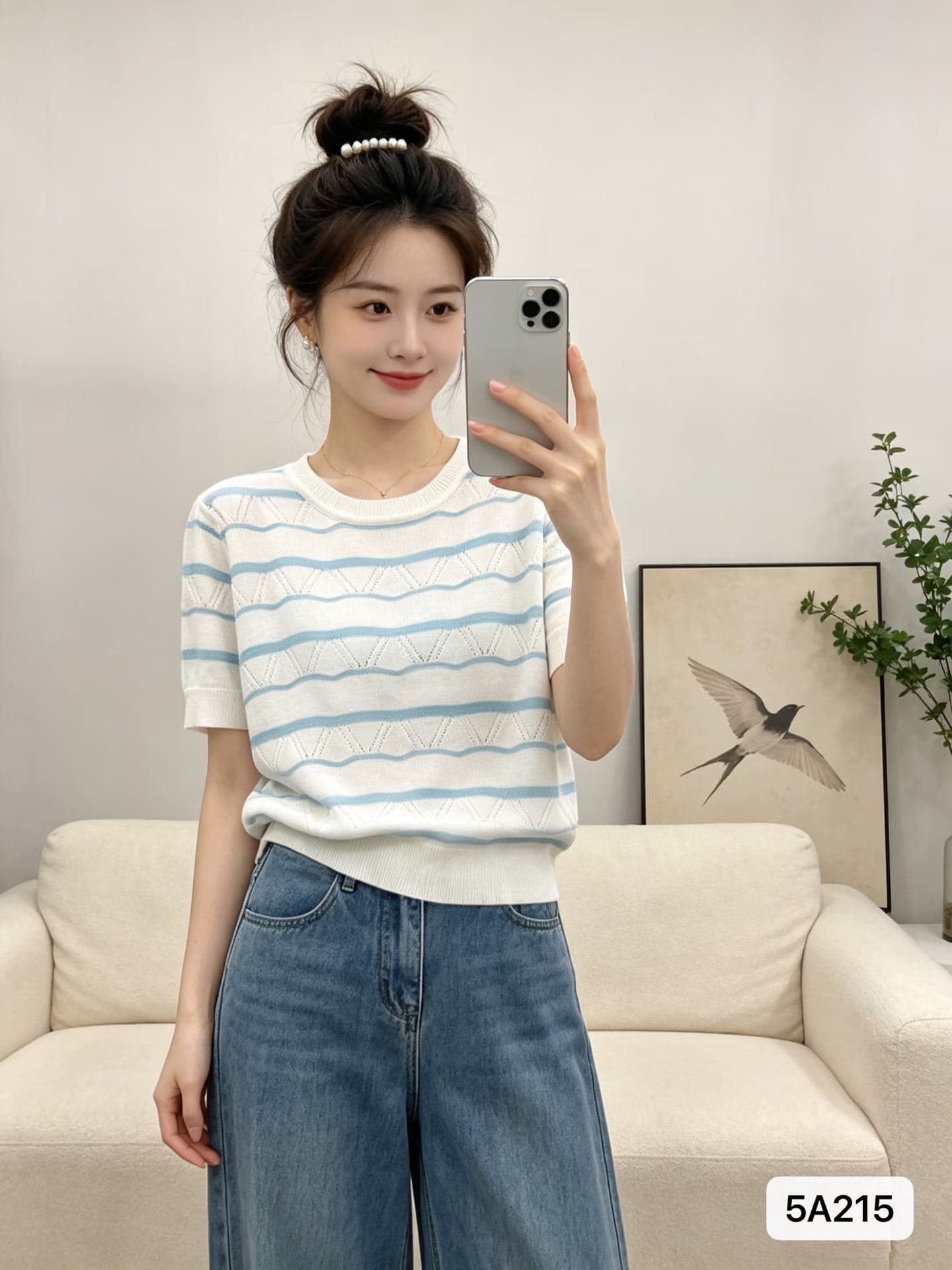 정가 한 부서 디자인 센스 라운드 넥 스트라이프 물결무늬 홀로우 아웃 니트 루즈핏 풀오버 반팔