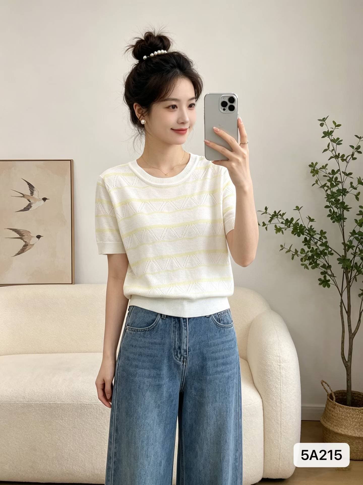 정가 한 부서 디자인 센스 라운드 넥 스트라이프 물결무늬 홀로우 아웃 니트 루즈핏 풀오버 반팔 상세 이미지 3