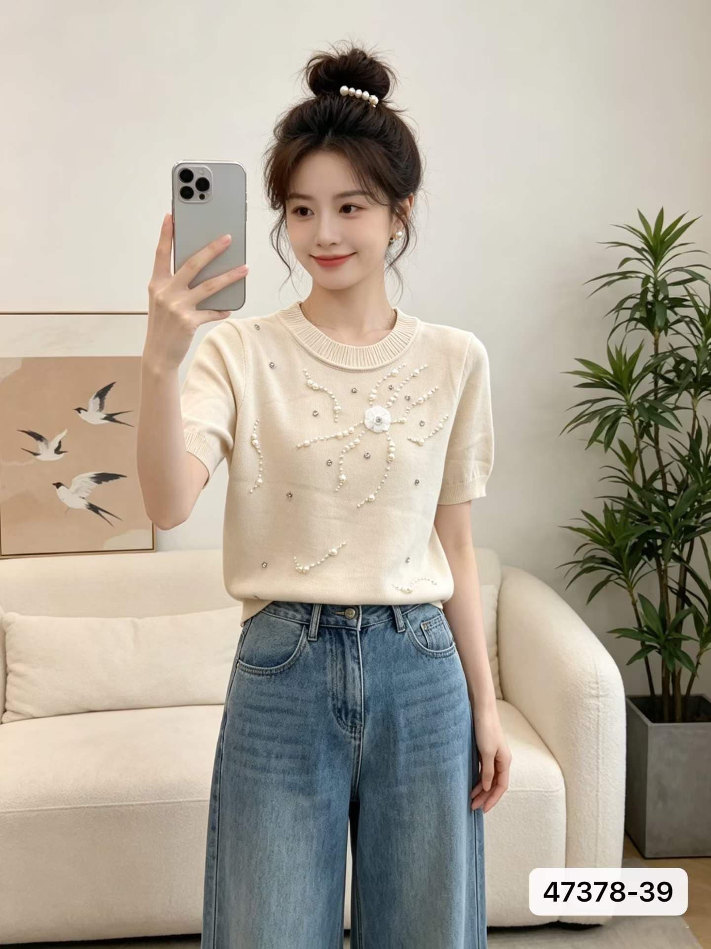 정가 소녀 센스 라운드 넥 3 차원 비즈 박기 니트 풀오버 다용도 반팔