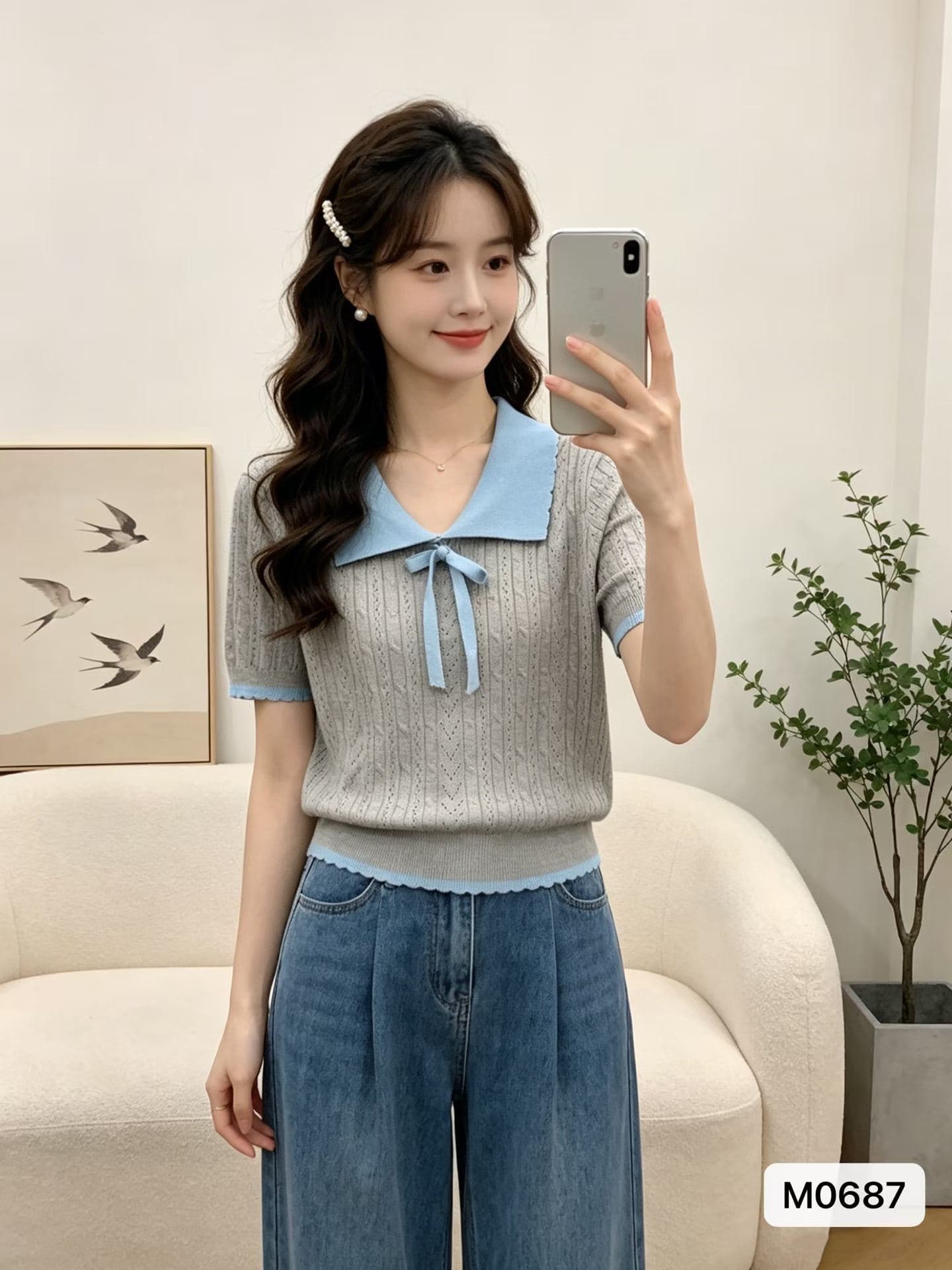 정가 프랑스식 달콤함 POLO 칼라 나비 매듭 꽈배기 니트 풀오버 반팔