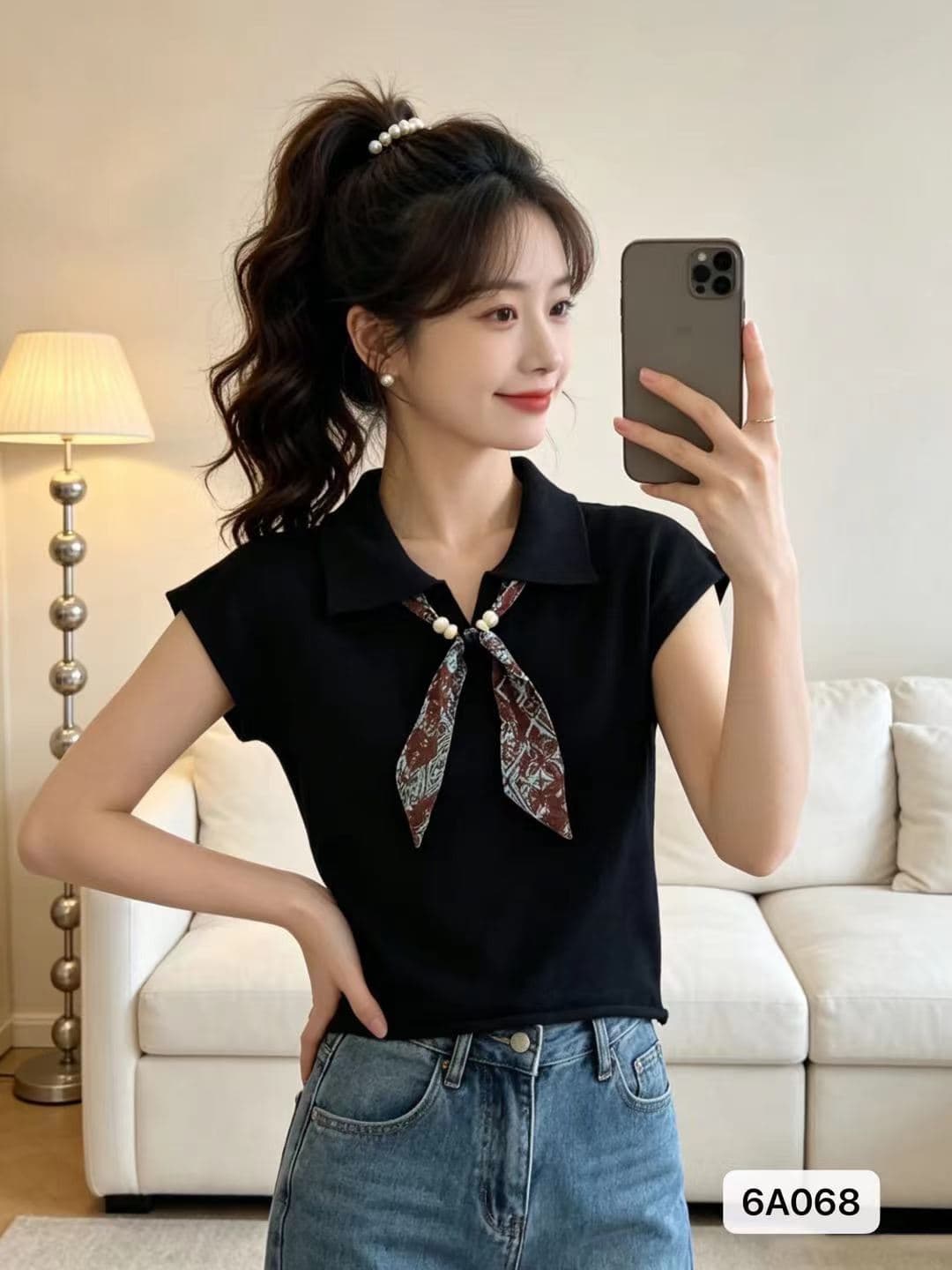 정가 패션 폴로 칼라 경기 스카프 부드러운 찹쌀 니트 루즈핏 풀오버 반팔 상세 이미지 1