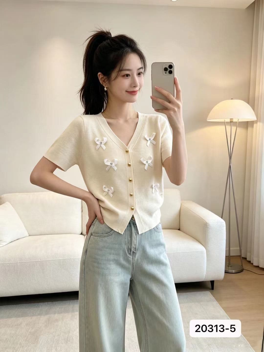 정가 작은 샤넬 스타일 V넥 나비 매듭 비즈 박기 허리 수축 오픈 가디건 반팔