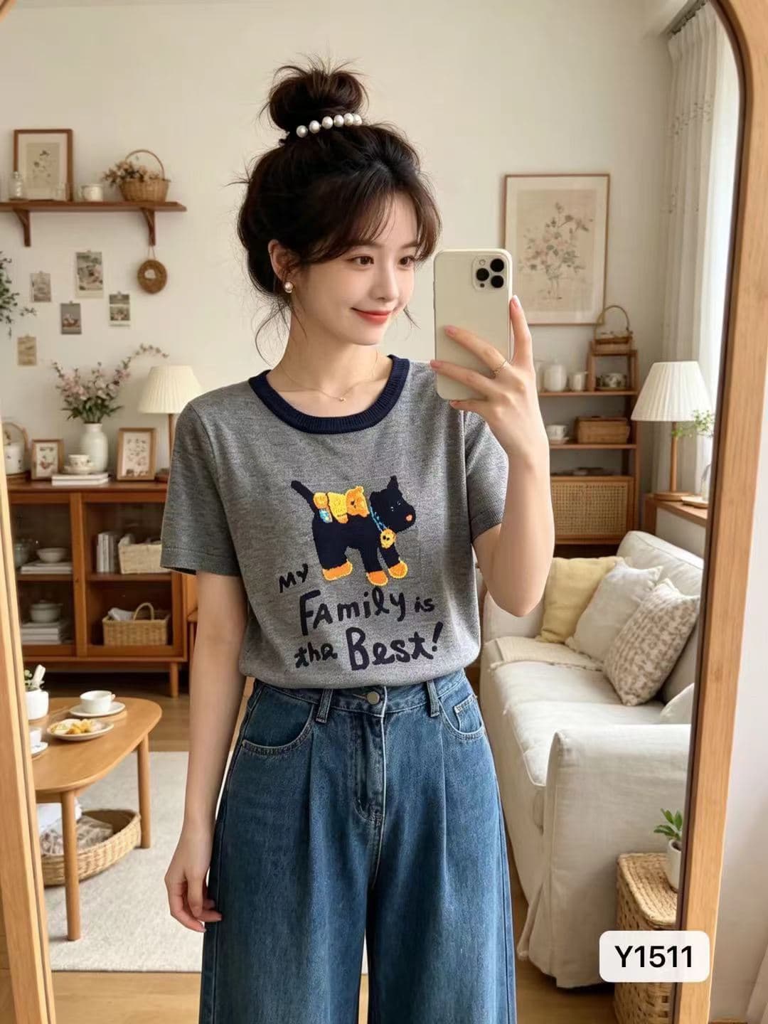 정가 패션 라운드 넥 배색 만화 자카드 니트 루즈핏 풀오버 반팔 상세 이미지 1