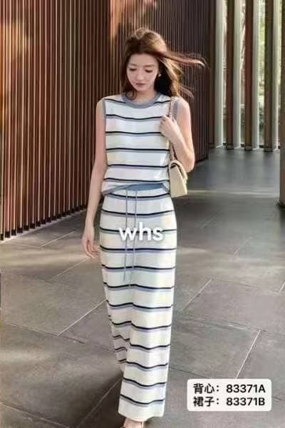 정가 패션 라운드 넥 배색 스트라이프 조끼 롱 코트 레이스업 반신 스커트 상세 이미지 2