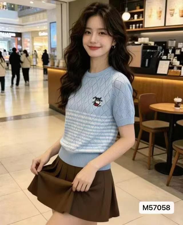정가 패션 라운드 넥 배색 스트라이프 링 그리드 홀로우 아웃 만화 자수 풀오버 반팔 이미지 2