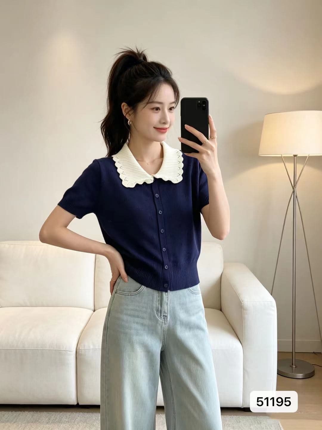 정가 달콤함 연령 감소 폴로 칼라 패치워크 색상 홀로우 아웃 니트 반팔 오픈 가디건