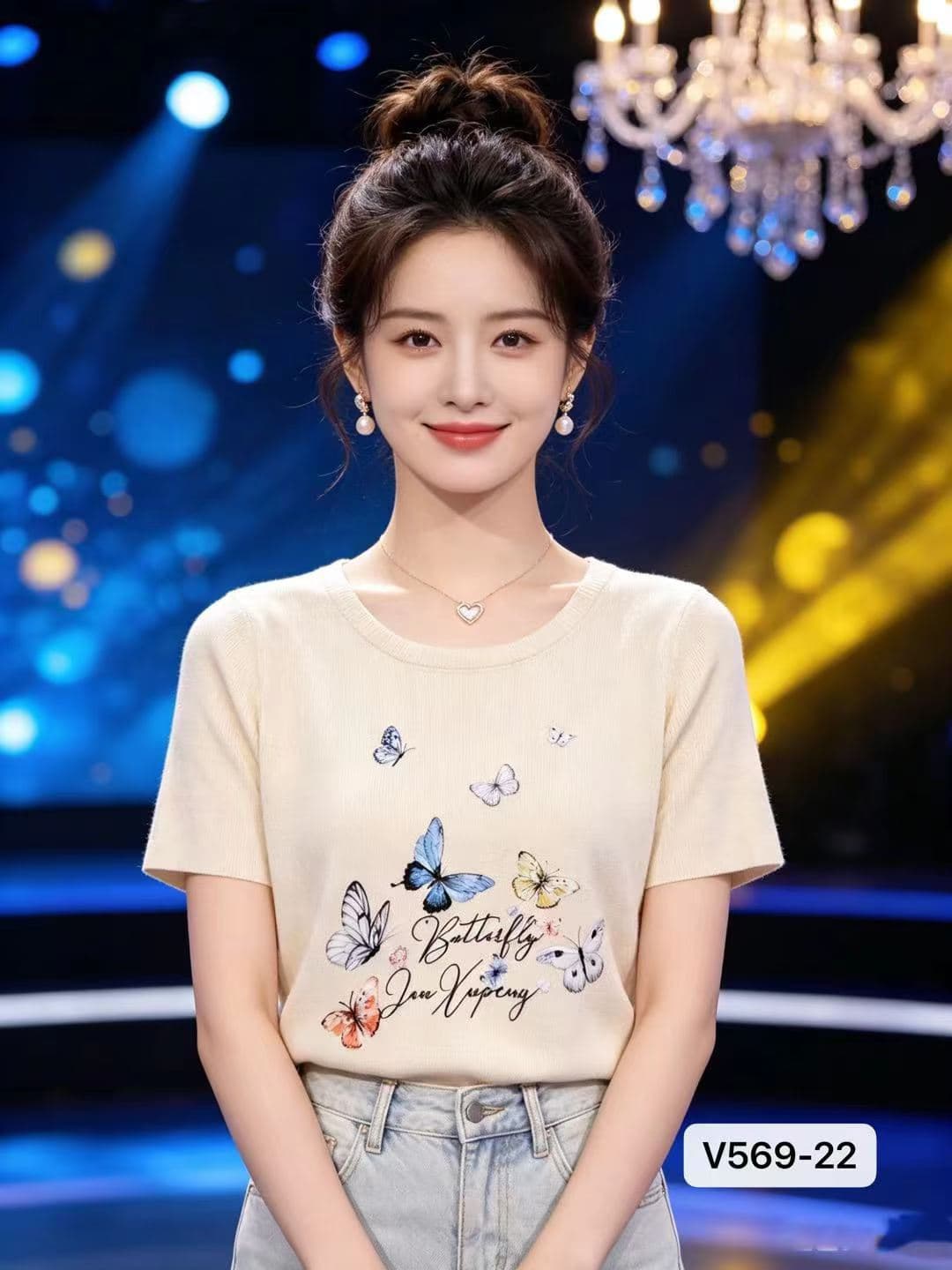 정가 패션 라운드 넥 나비 매듭 프린트 다용도 풀오버 반팔