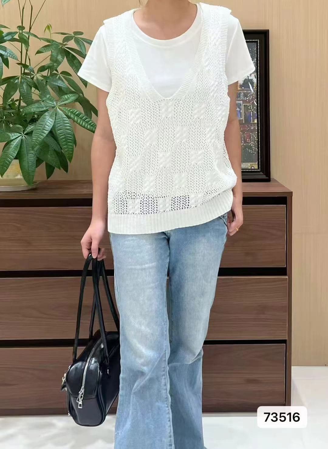 정가 문예 레트로 V넥 꽈배기 홀로우 아웃 니트 루즈핏 풀오버 조끼 상세 이미지 2