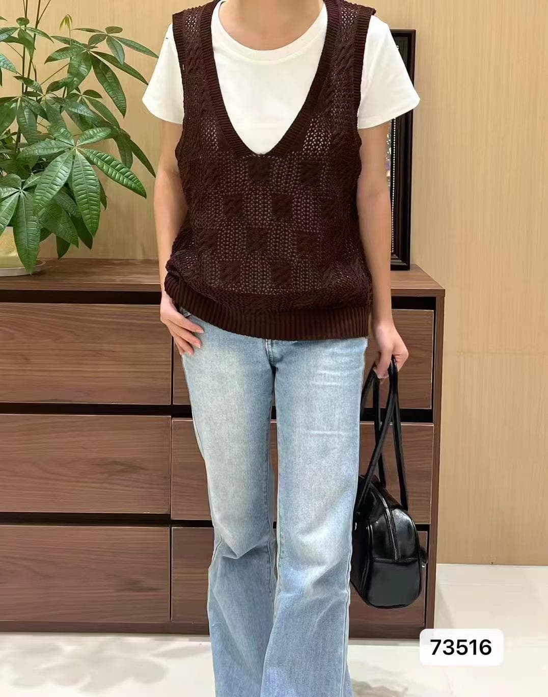 정가 문예 레트로 V넥 꽈배기 홀로우 아웃 니트 루즈핏 풀오버 조끼 상세 이미지 3