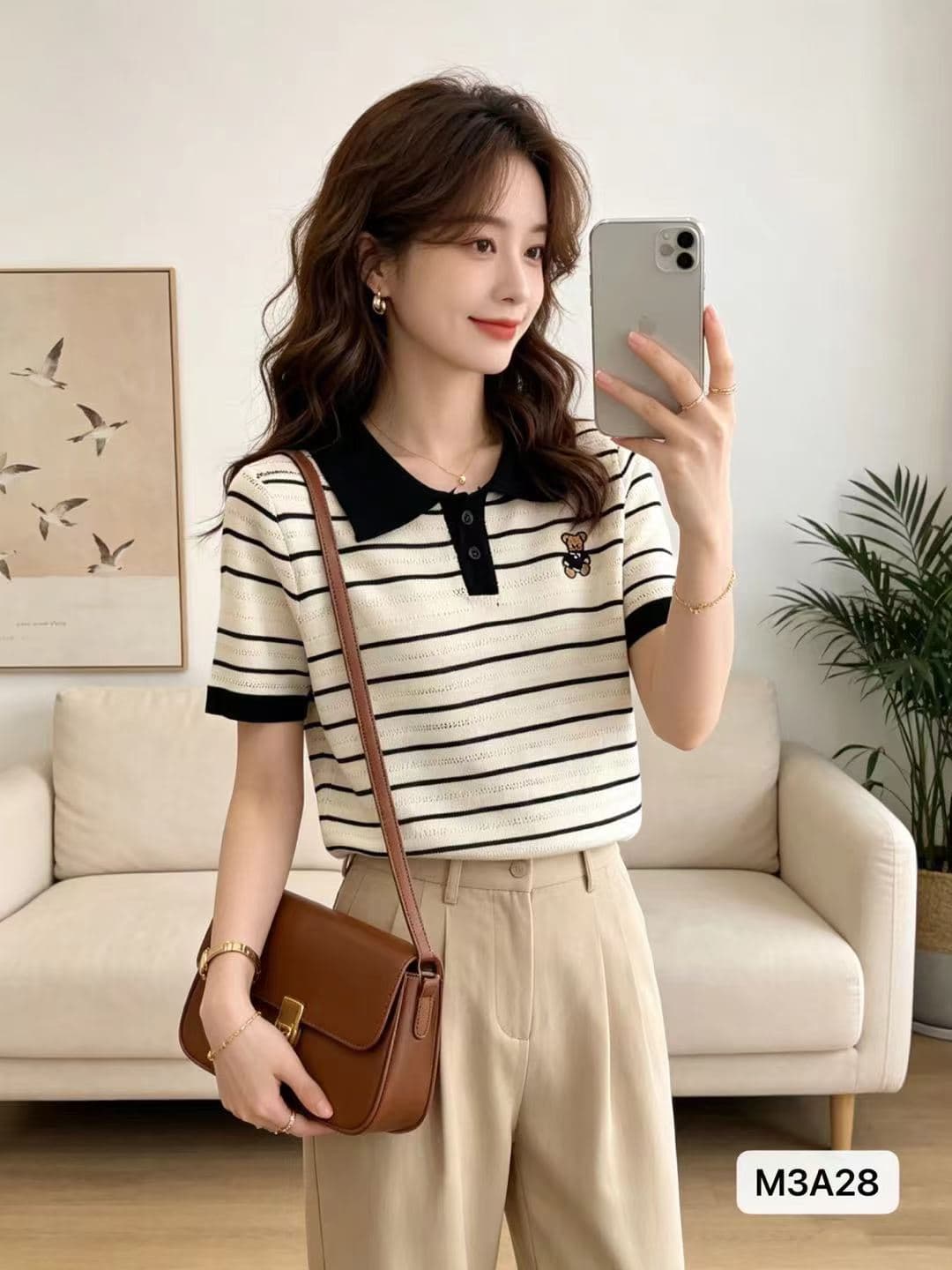 정가 학원 스타일 폴로 칼라 하프 열린 가슴 작은 곰 자수 홀로우 아웃 니트 풀오버 반팔