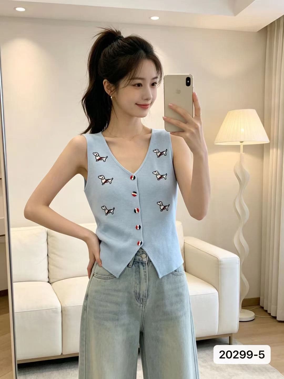 정가 작은 샤넬 스타일 V넥 강아지 자수 니트 조끼 오픈 가디건 상세 이미지 2