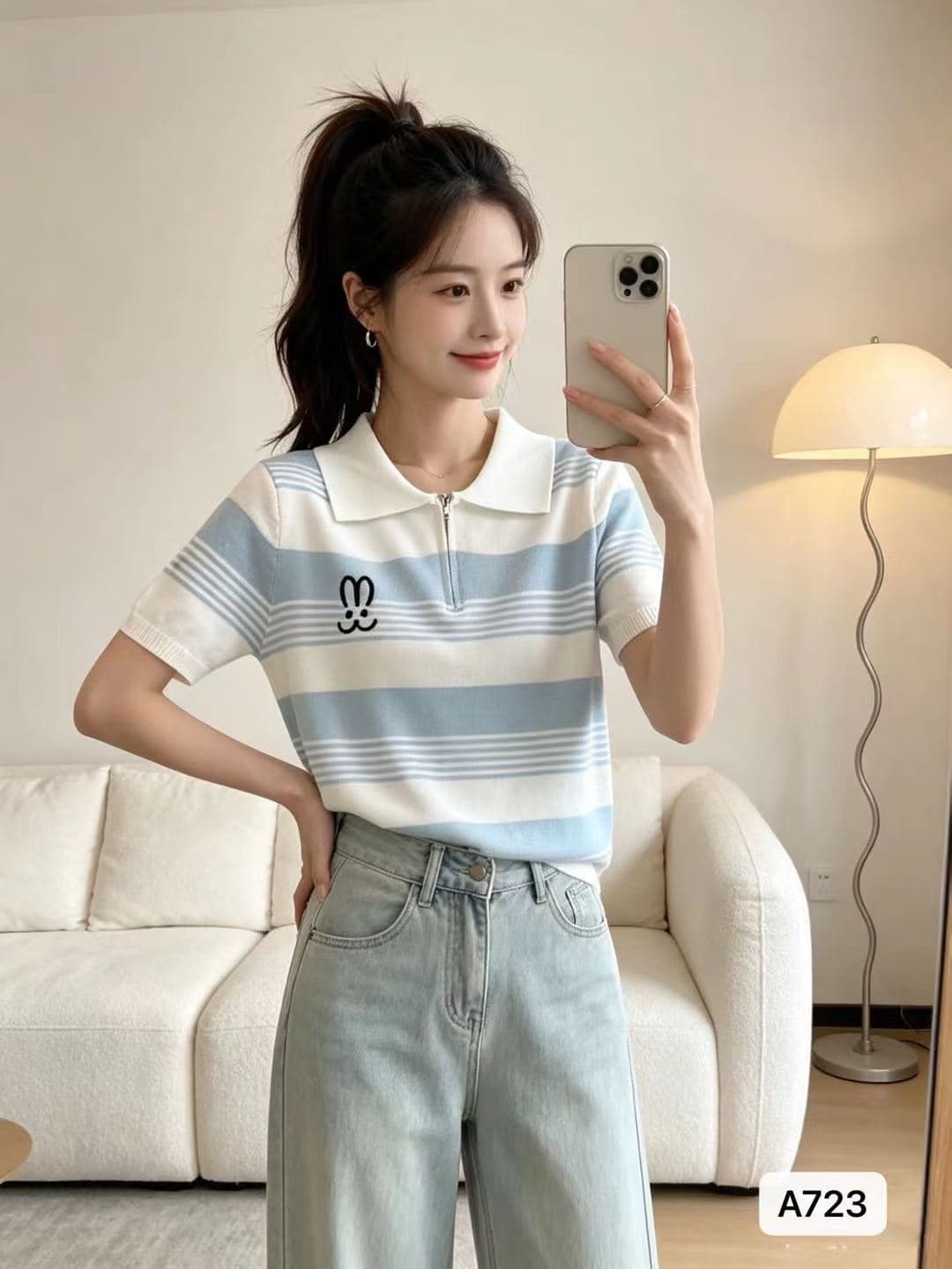 정가 패션 폴로 칼라 자수 하프 지퍼 배색 스트라이프 풀오버 반팔 상세 이미지 1