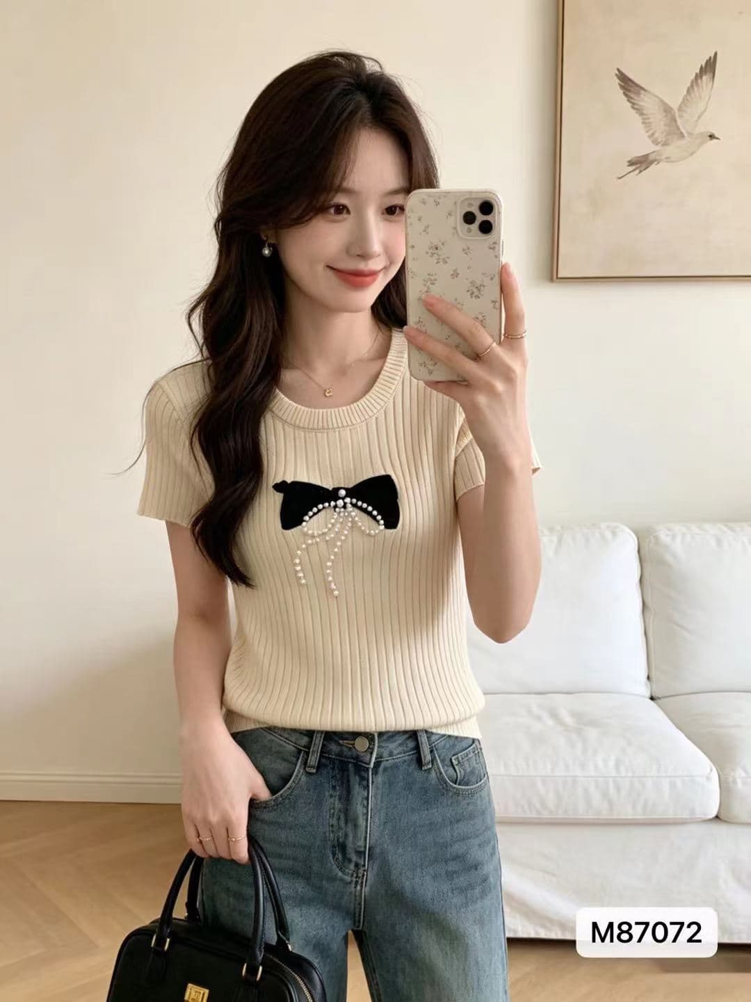 정가 달콤함 연령 감소 라운드 넥 나비 매듭 자수 비즈 박기 몸매 가꾸기 반팔 상세 이미지 1