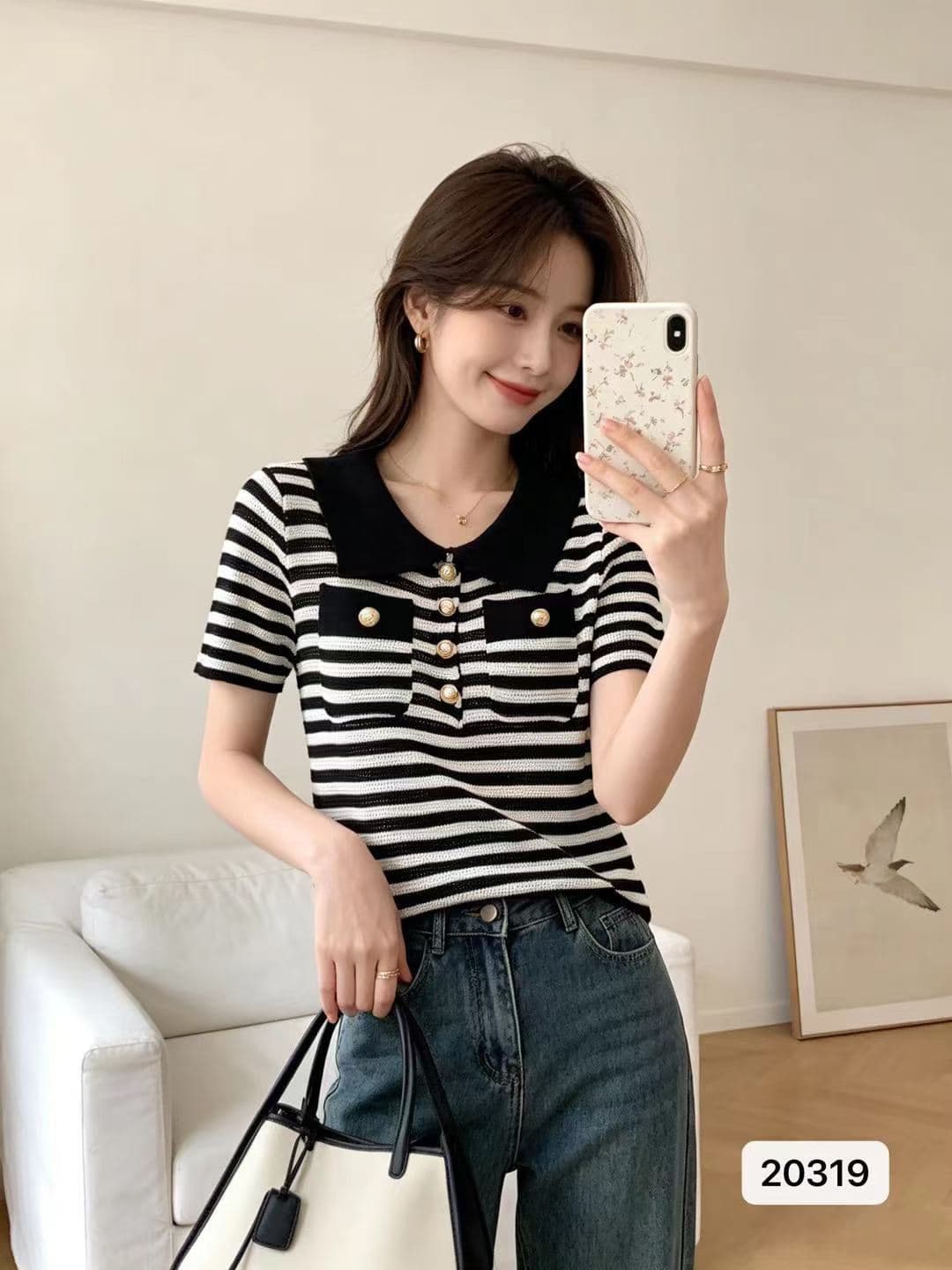 정가 품격 폴로 칼라 하프 열린 가슴 더블 주머니 디자인 스트라이프 풀오버 반팔