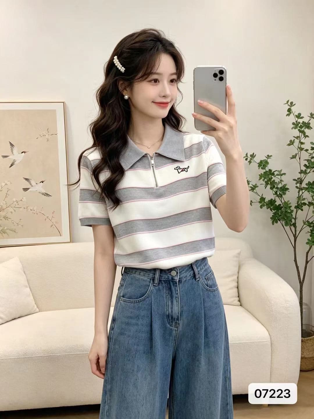 정가 연령 감소 학원 스타일 폴로 칼라 지퍼 하프 열린 가슴 강아지 자수 스트라이프 풀오버 반팔 상세 이미지 1