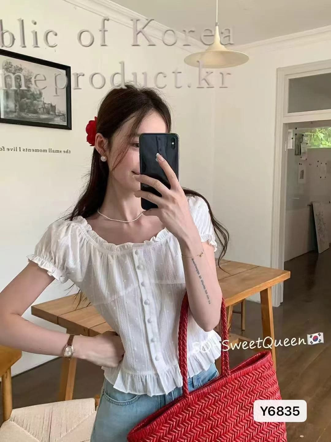 정가 프랑스식 광장 칼라 거품 소매 단추 풀오버 반팔 맨위 이미지 2