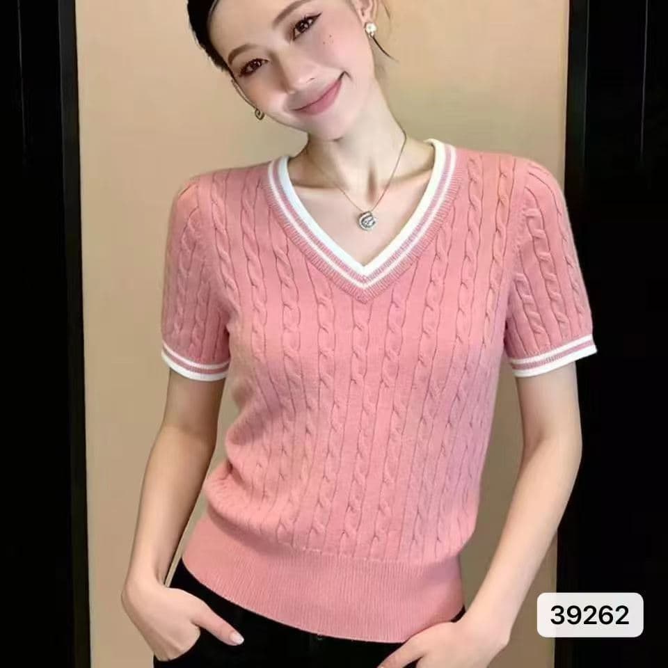 정가 패션 연령 감소 V넥 배색 측면 마 무늬 몸매 가꾸기 풀오버 반팔