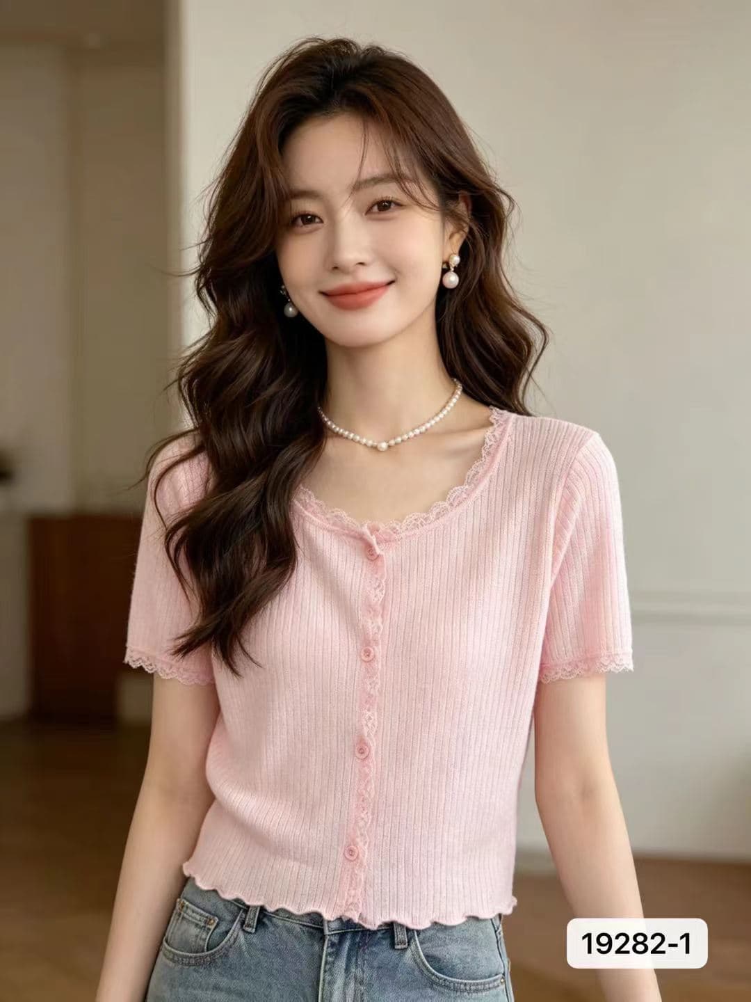 정가 달콤함 연령 감소 라운드 넥 레이스 레이스 반팔 오픈 가디건 상세 이미지 2