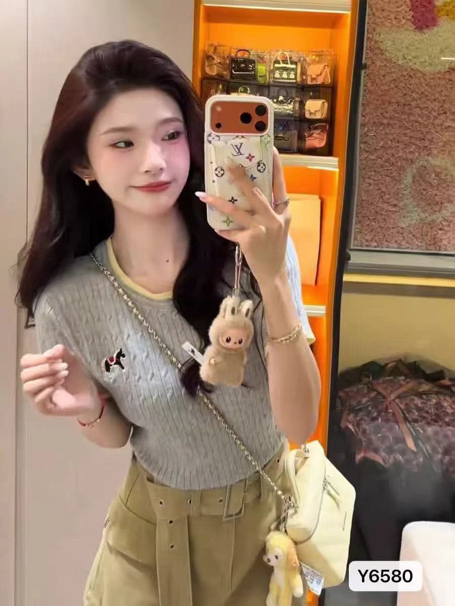 정가 한 부서 학원 스타일 라운드 넥 패치워크 색상 작은 말 자수 꽈배기 니트 풀오버 반팔 상세 이미지 2