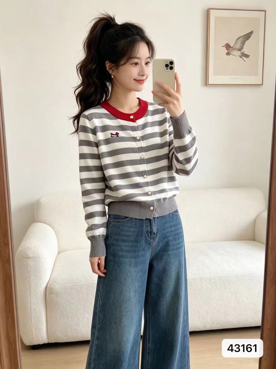 정가 패션 라운드 넥 배색 스트라이프 자수 니트 긴 소매 오픈 가디건 상세 이미지 2