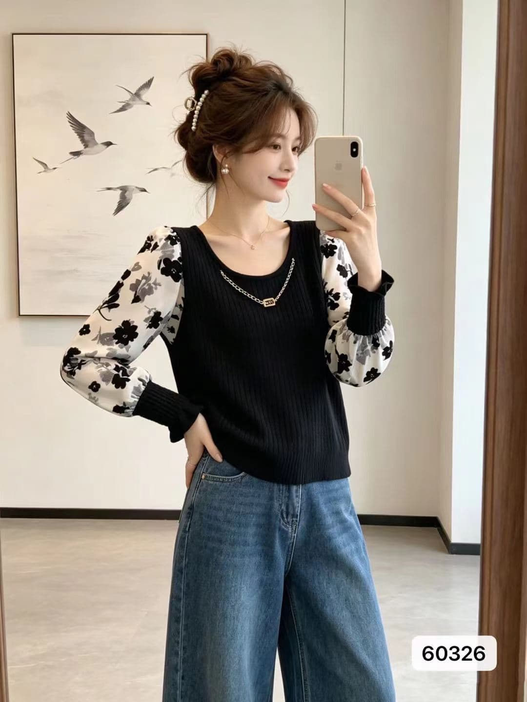 정가 봄 가을 새로운 라운드 넥 레이스 소매 패치워크 색상 니트 풀오버 긴팔 상세 이미지 2
