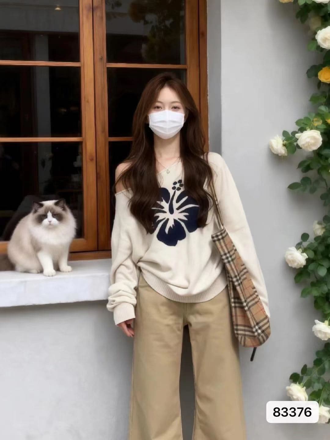 정가 품격 연령 감소 비스듬한 어깨 작은 대중 자카드 니트 루즈핏 Chic 다용도 풀오버 긴팔 상세 이미지 1