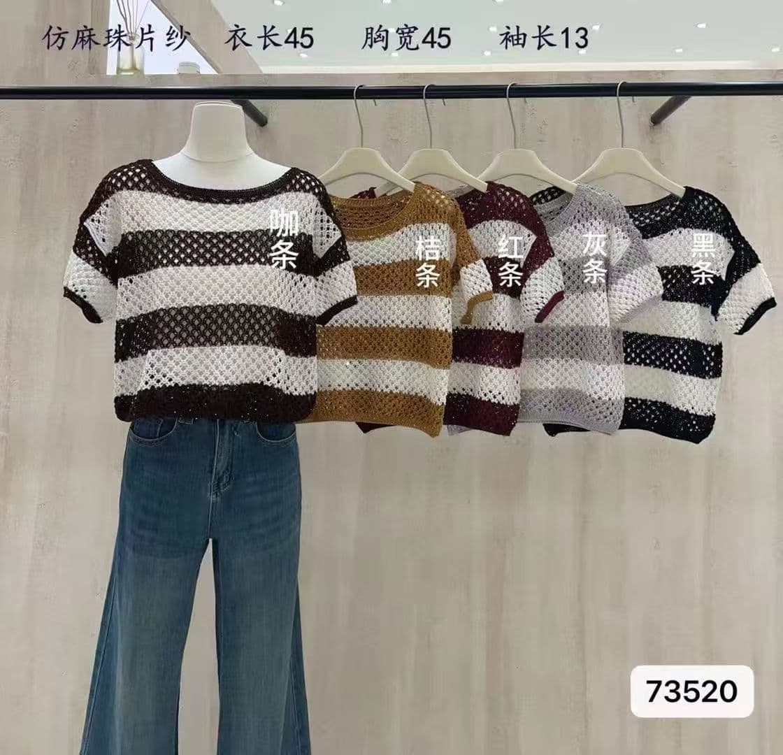 정가 한국 스타일 라운드 넥 스트라이프 패치워크 색상 홀로우 아웃 구슬 조각 꾸밈음 니트 풀오버 반팔 맨위 여성