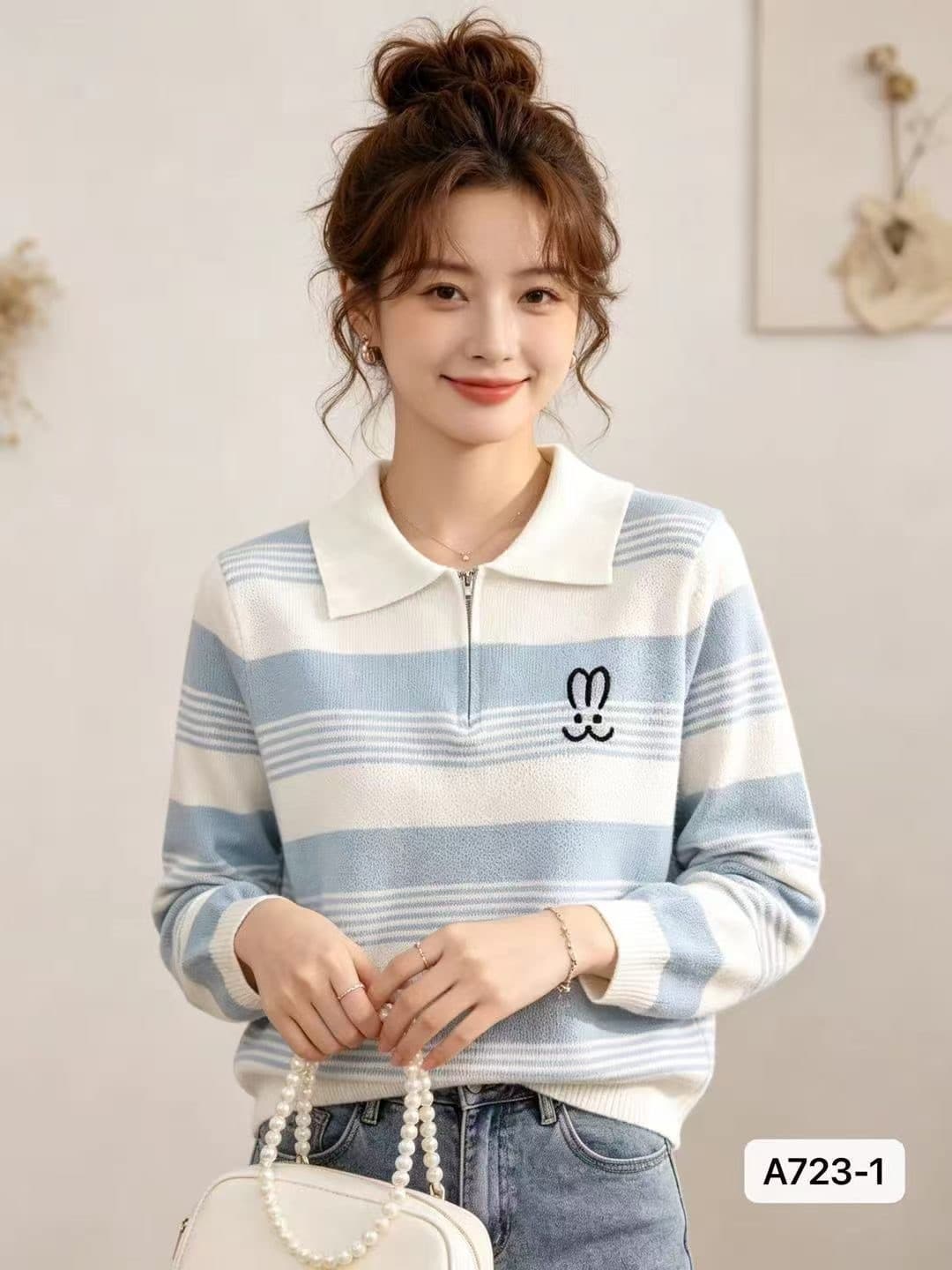 정가 패션 폴로 칼라 자수 하프 지퍼 배색 스트라이프 풀오버 긴팔 맨위 여성